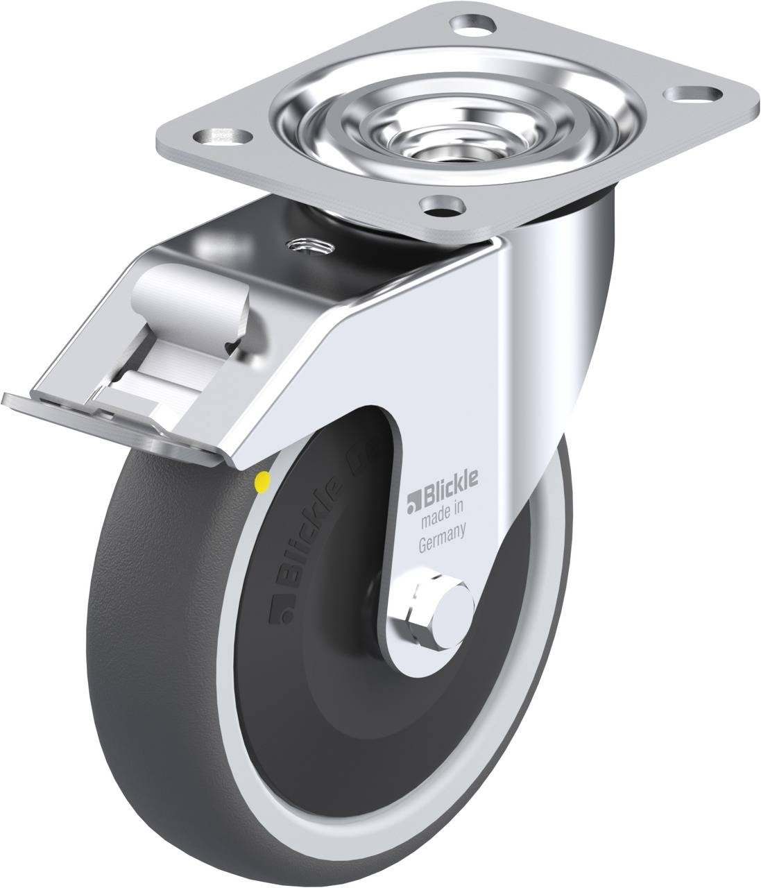 Schwenkrolle mit Metallplatte zur Befestigung, silber und schwarz. Markiert mit 'Blickle made in Germany'. Hauptsächlich verwendet für Möbel.