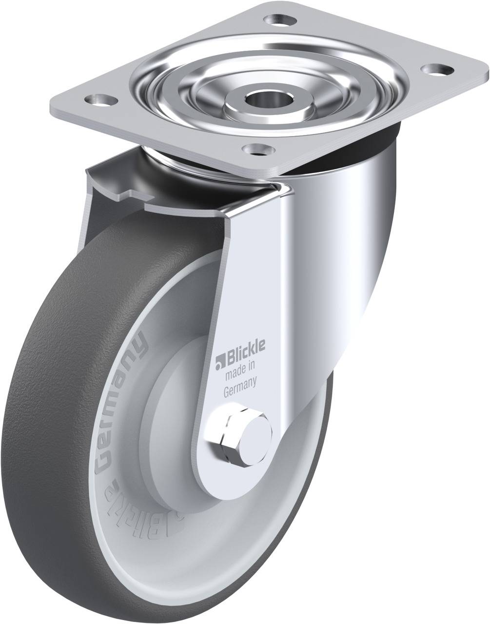 Graues, drehbares Rad mit Befestigungsplatte, Aufschrift 'Blickle, made in Germany'.