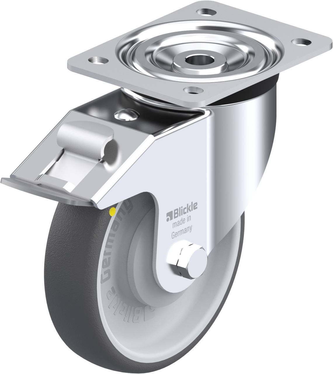 Schwenkrolle mit Befestigungsplatte, aus Metall und Gummi, für industrielle Anwendungen. Markenzeichen 'Blickle' auf der Seite.