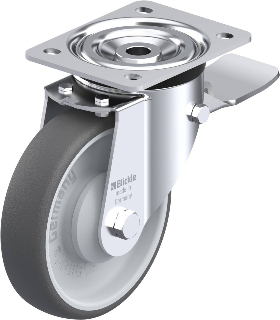 Lenkrolle aus Metall mit grauem Rad, rechteckiger Befestigungsplatte und drehbarem Kugellagermechanismus, hergestellt in Deutschland.