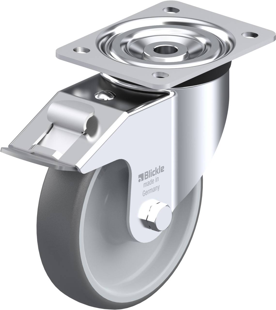 Schwenkrolle mit grauem Rad aus Gummi und silbernem Gehäuse. Oben eine Metallplatte zur Befestigung. Ideal für bewegliche Möbel.