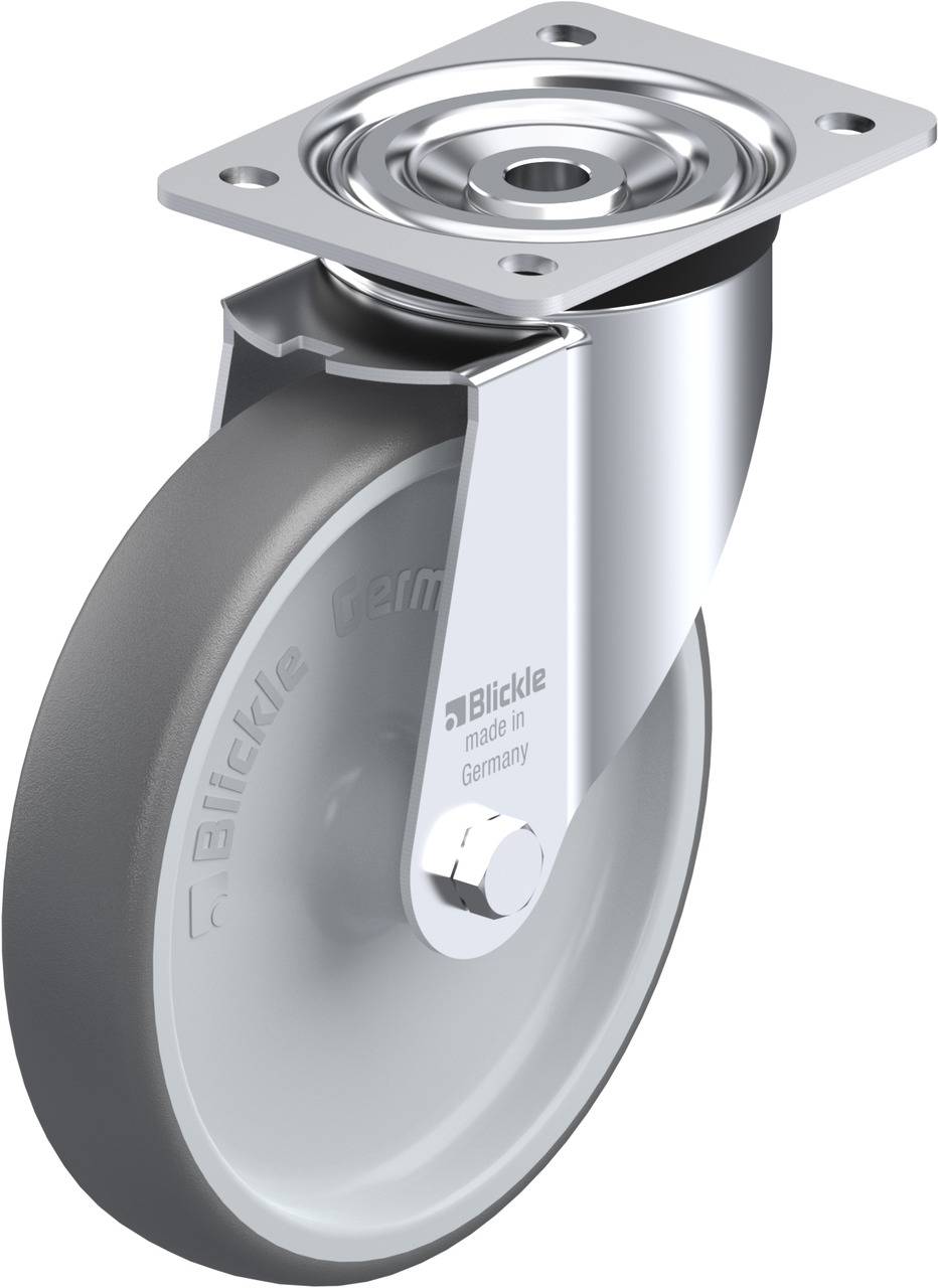 Graue Lenkrolle mit Metallschwenklager und Halterung, Aufschrift 'Blickle made in Germany'.