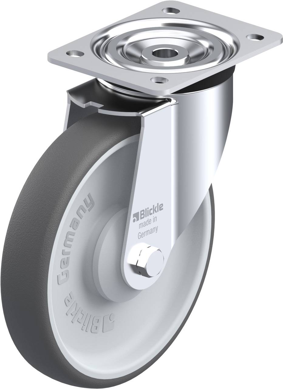 Rollrolle mit Stahlgehäuse, grauer Gummireifen, markiert mit 'Germany' und Logo, steht auf einer Metallplatte zur Montage.