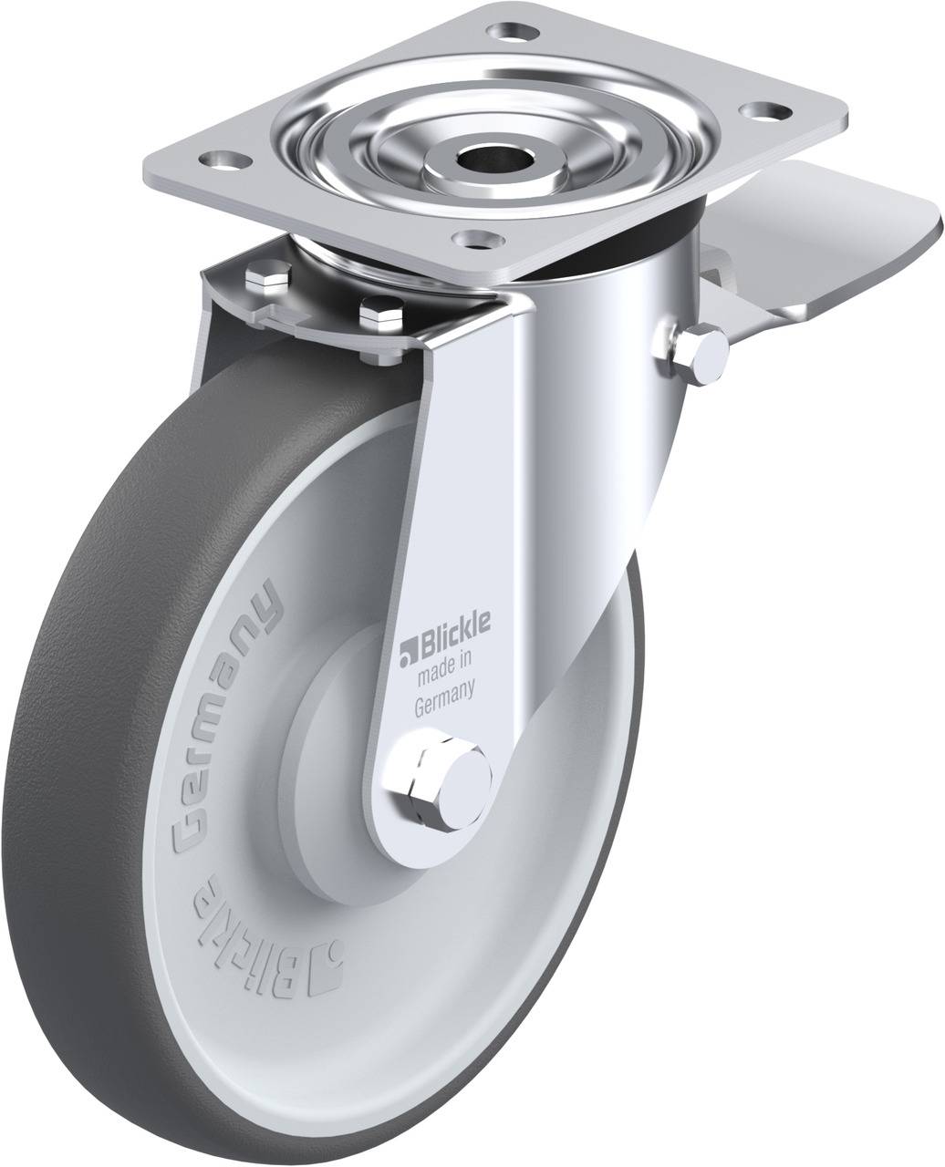 Grau-schwarzes drehbares Rollenrad aus Metall und Kunststoff mit Befestigungsplatte und Bremsmechanismus, markiert mit 'Blickle'.
