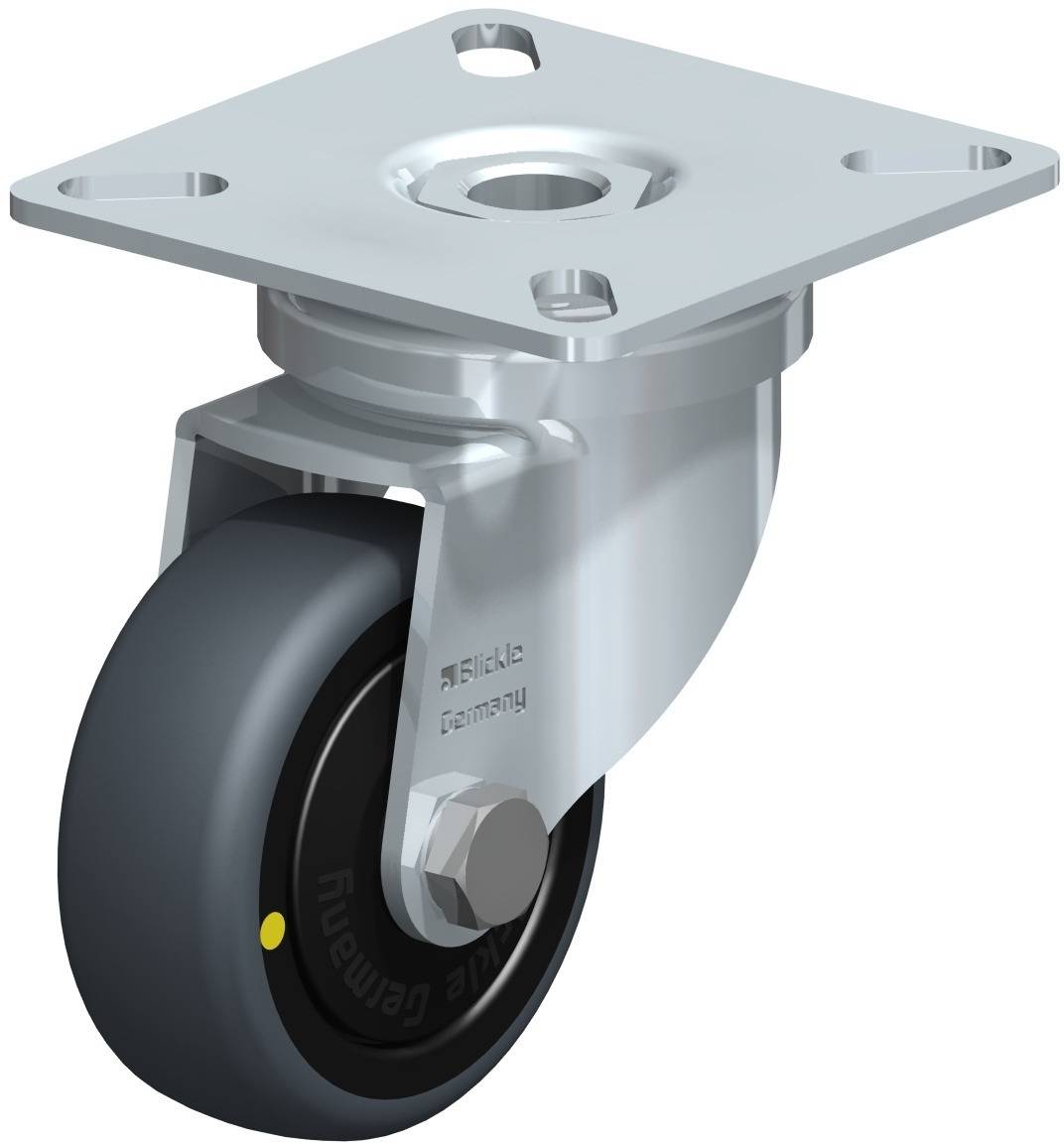 Metallisches Drehgestell mit Gummirad, geeignet für Möbel oder Transportgeräte, mit Befestigungsplatte oben.