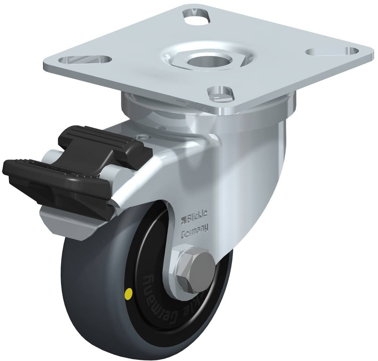 Drehbares Möbelrad mit grauer Metallplatte und schwarzer Gummirolle, ausgestattet mit einer Bremse; geeignet für Transport- und Industriemöbel.