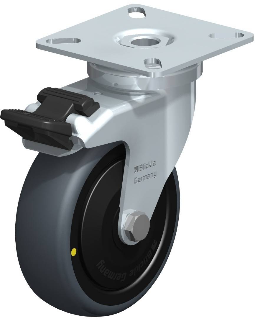 Industrierolle mit schwarzem Rad und silbernem Gehäuse, ausgestattet mit Feststeller, geeignet für schwere Lasten.