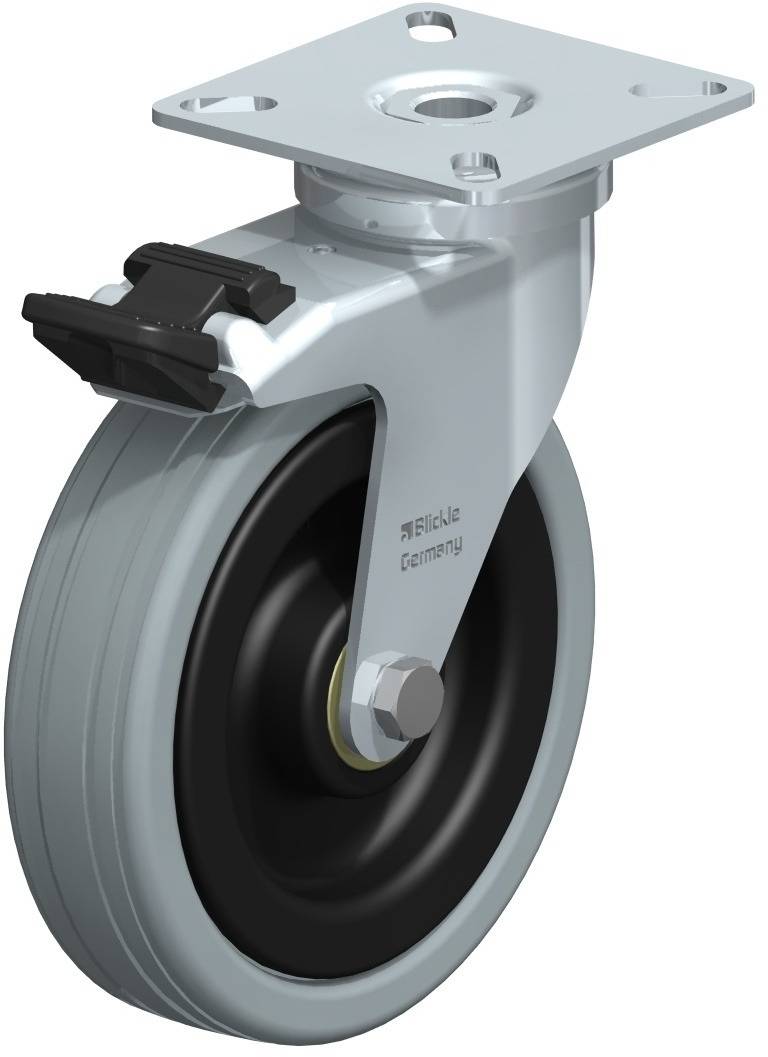 Industrie-Lenkrolle mit Bremse und grauem Rad. Geeignet für den Einsatz in Transportwagen und Maschinen.