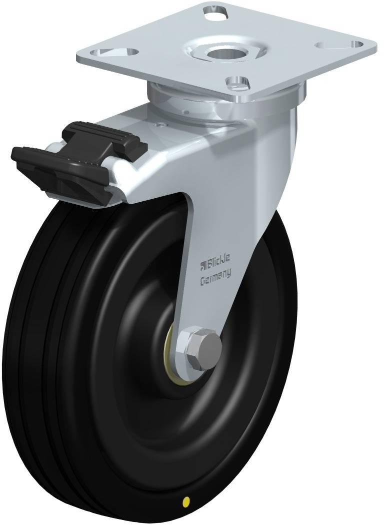 Industrielles Lenkrollenrad aus schwarzem Gummi mit Metallplatte zur Befestigung, geeignet für Transportgeräte und Möbel.