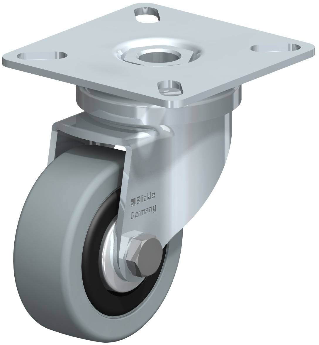 Schwenkrolle aus Metall mit grauem Gummirad, Befestigungsplatte und Kugellager. Geeignet für Möbel und Transportgeräte.