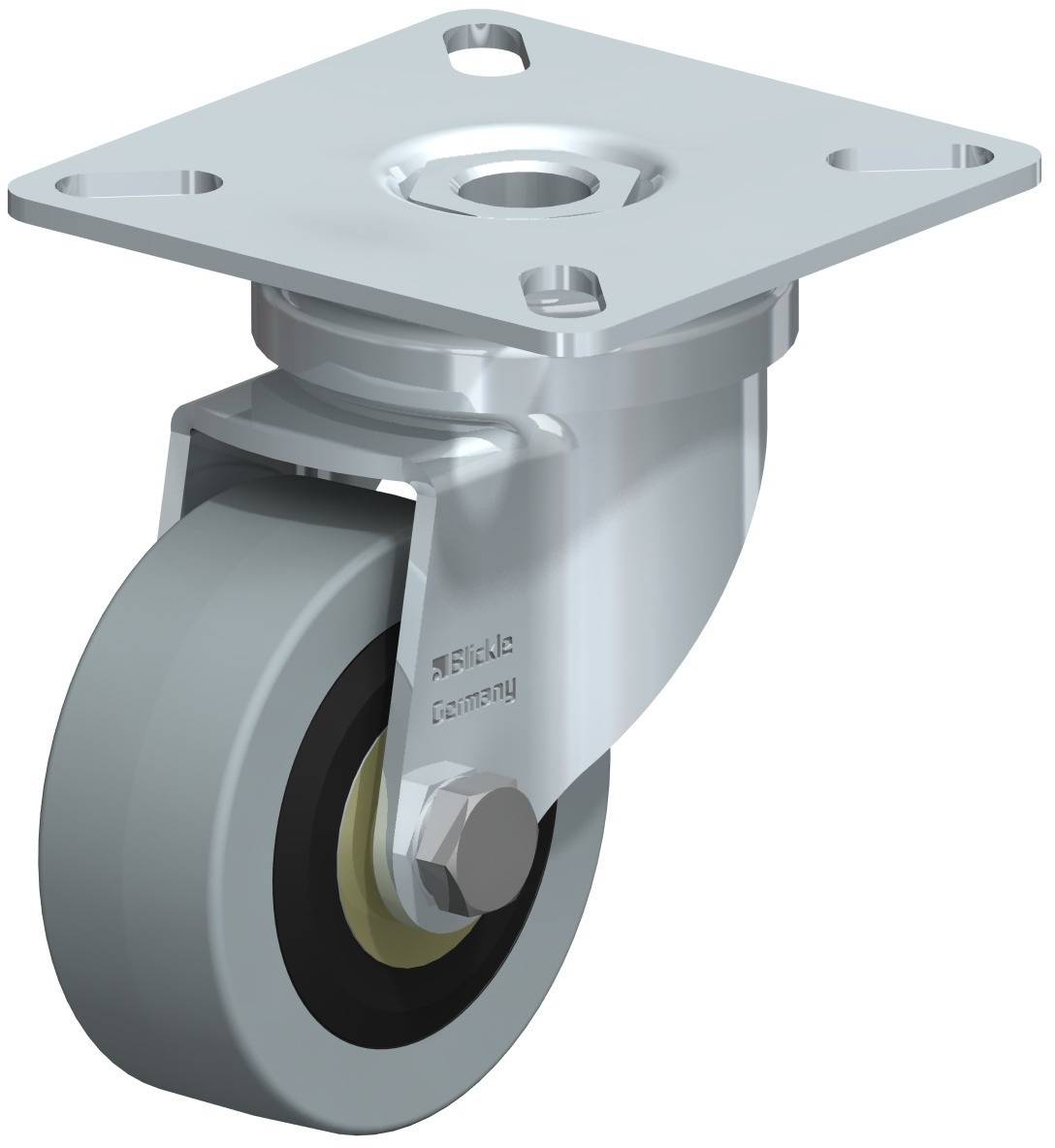 Ein drehbares Rad mit Metallgehäuse und Befestigungsplatte. Geeignet für Möbel oder Geräte mit rollbaren Anforderungen.