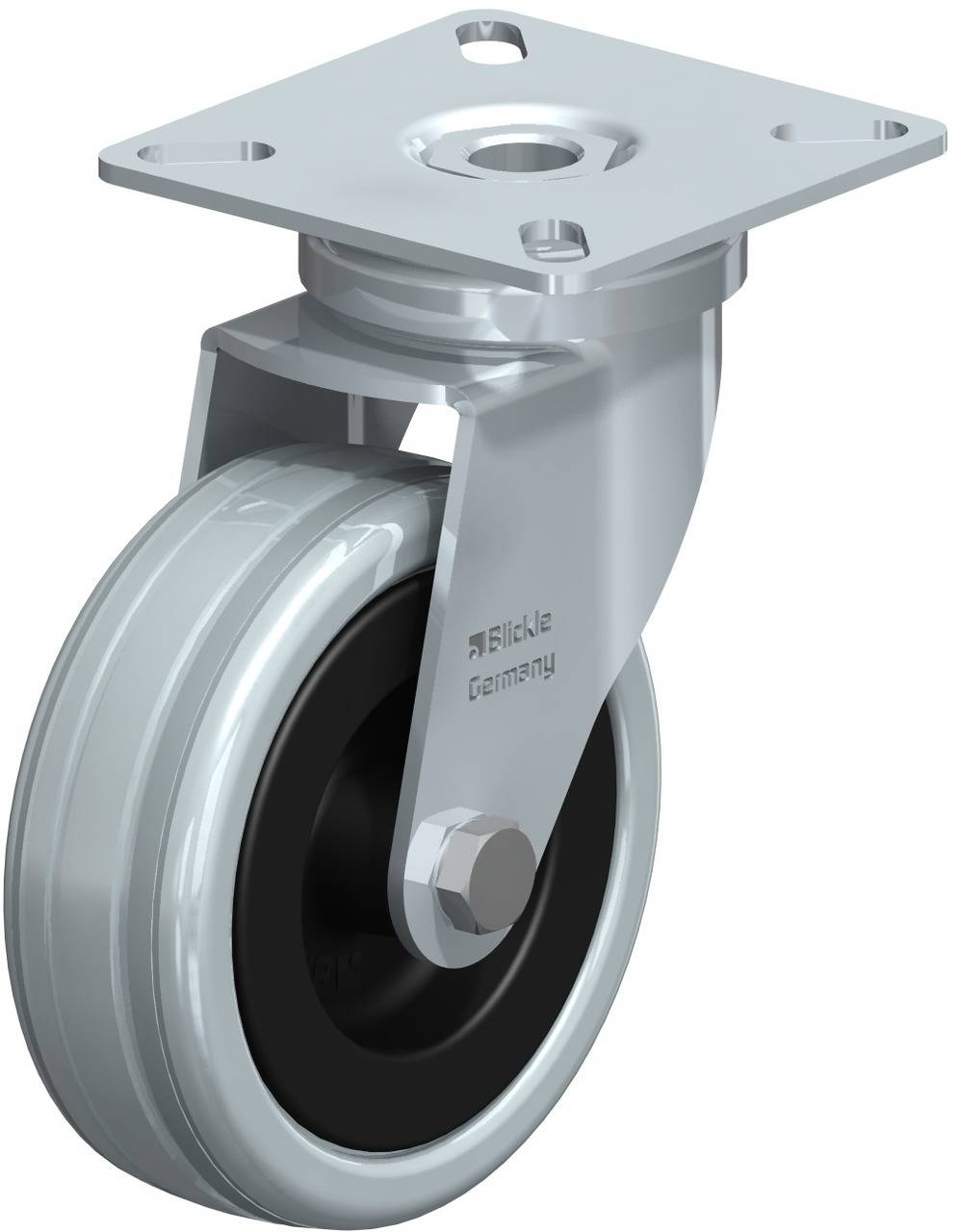 Metallenes Lenkrollenrad mit Befestigungsplatte, geeignet für Möbel und Geräte. Silbernes Gehäuse, schwarzer und weißer Reifen.