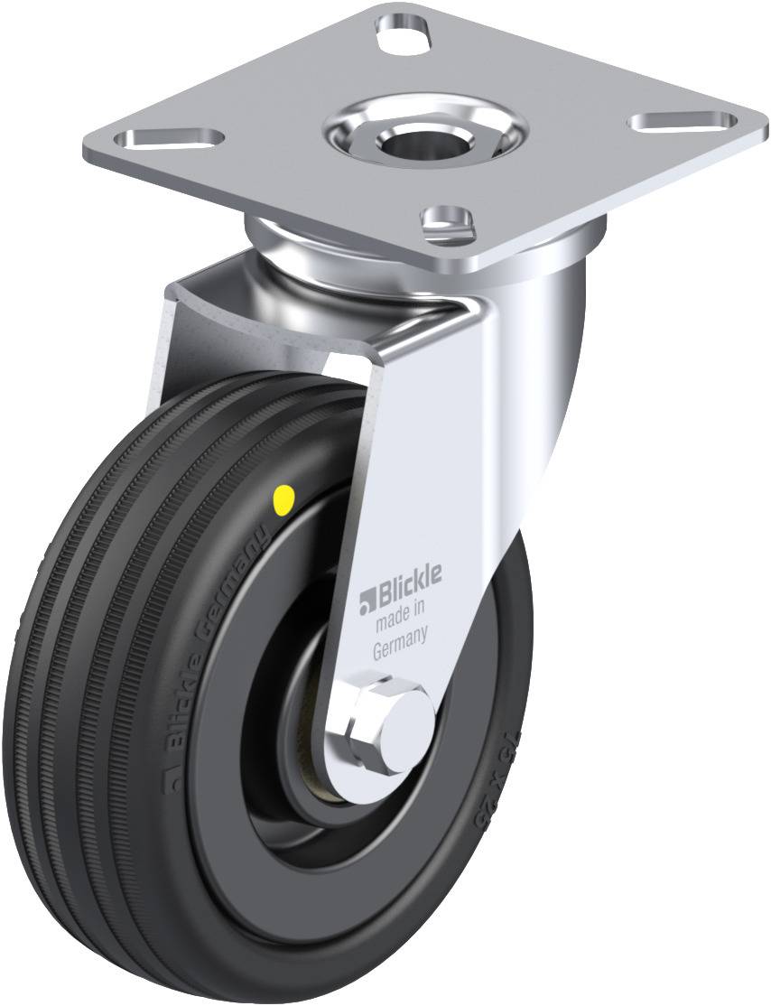 Industrie-Schwenkrolle mit schwarzem Rad und silberner Halterung, 'made in Germany' Beschriftung sichtbar.