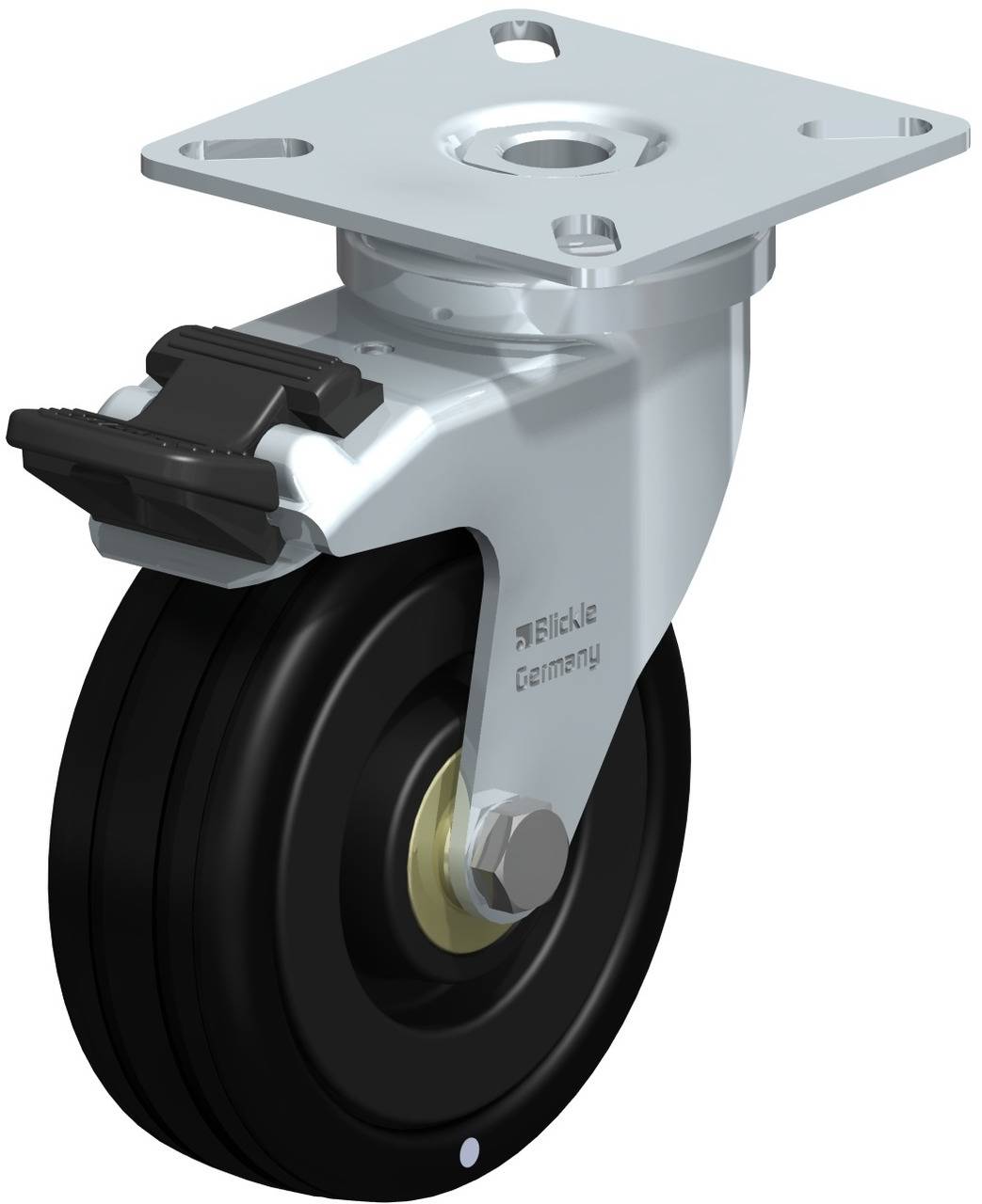 Industrie-Schwenkrolle mit schwarzem Rad und silberner Befestigungsplatte. Geeignet für Möbel oder Gerätebewegung.
