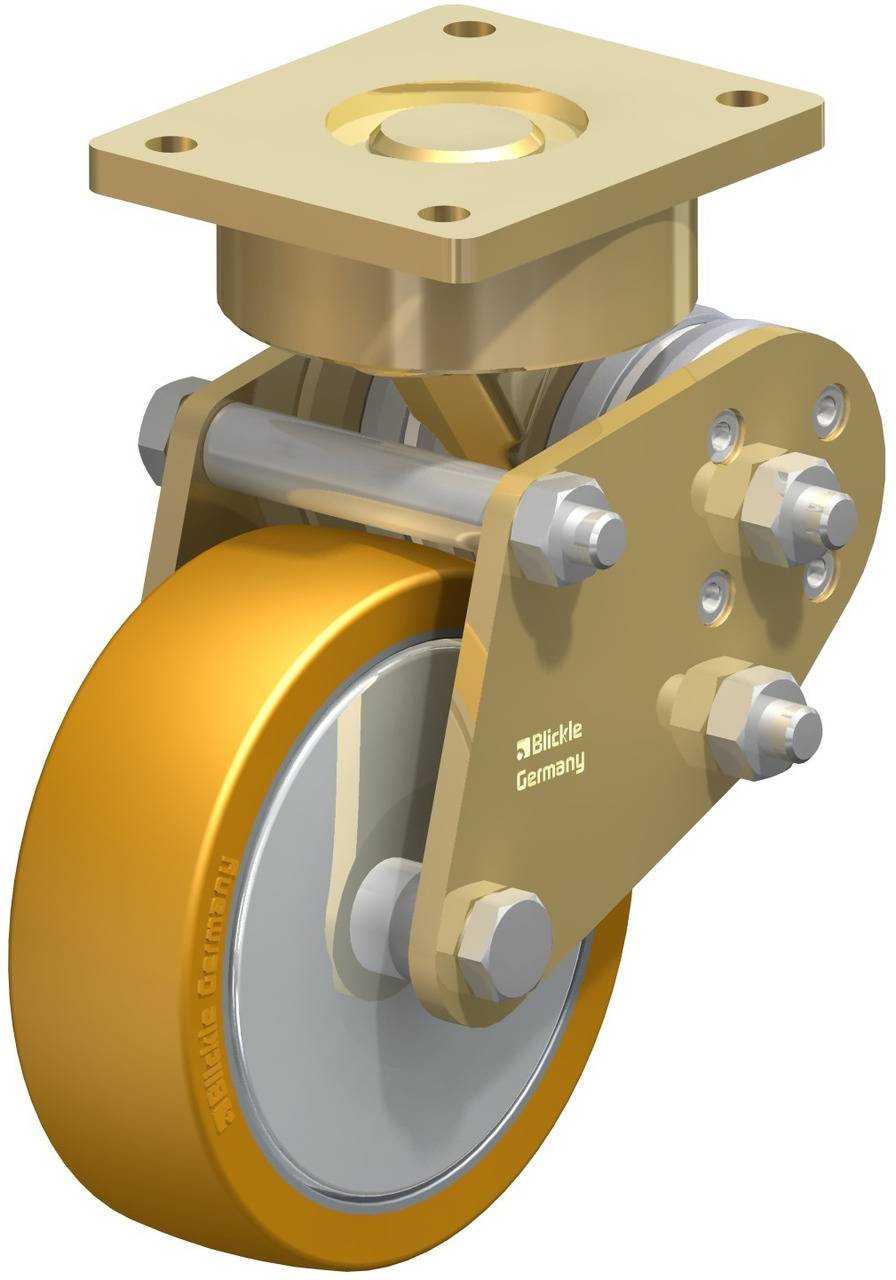 Industrie-Lenkrolle aus Metall mit goldenem Finish, vier Bolzen, schwenkbar. Entwickelt für schwere Lasten in industriellen Anwendungen.