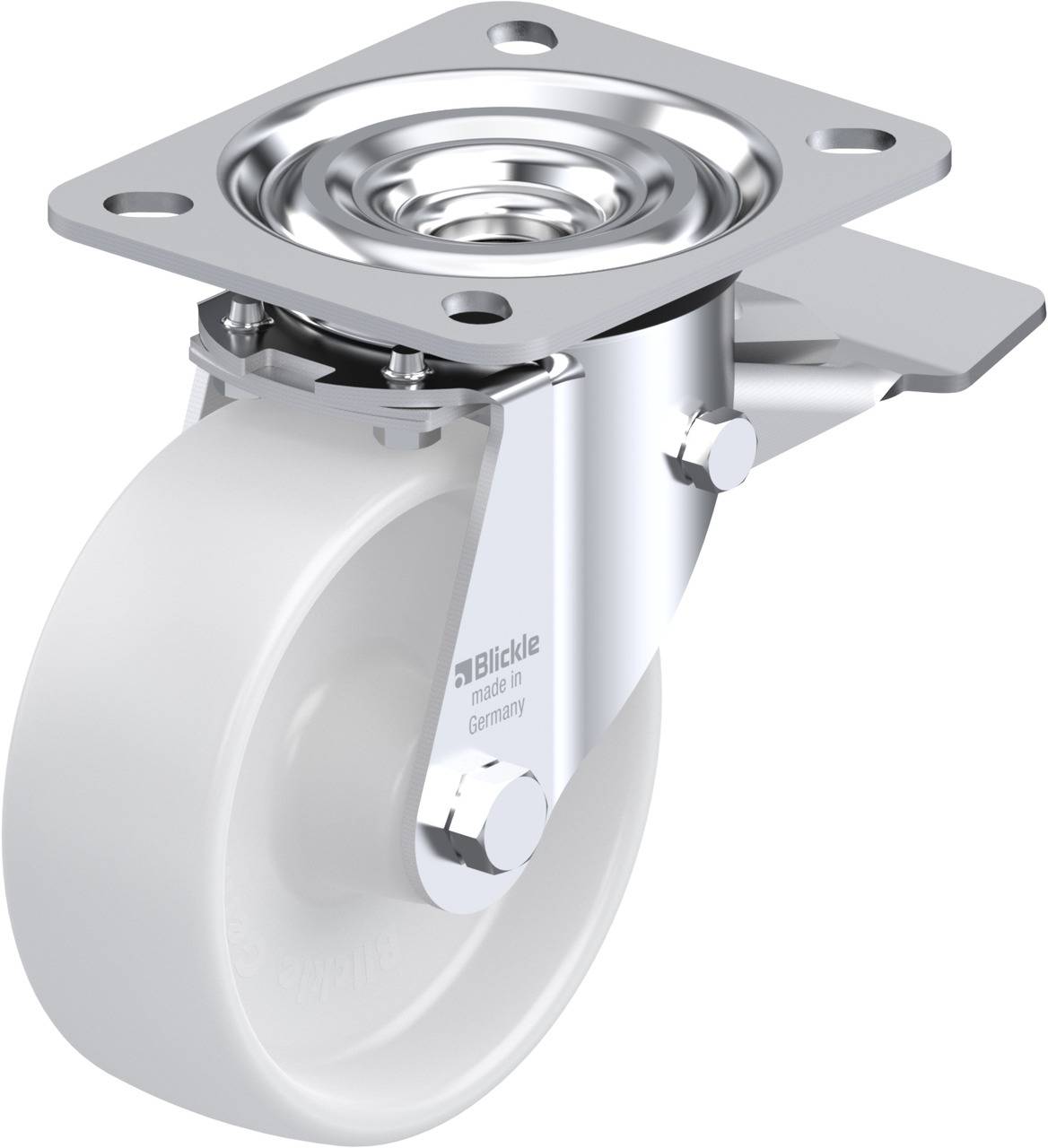 Weiße Lenkrolle mit Metallgehäuse und einem Montageplatte. Geeignet für den industriellen Einsatz, robust und drehbar.