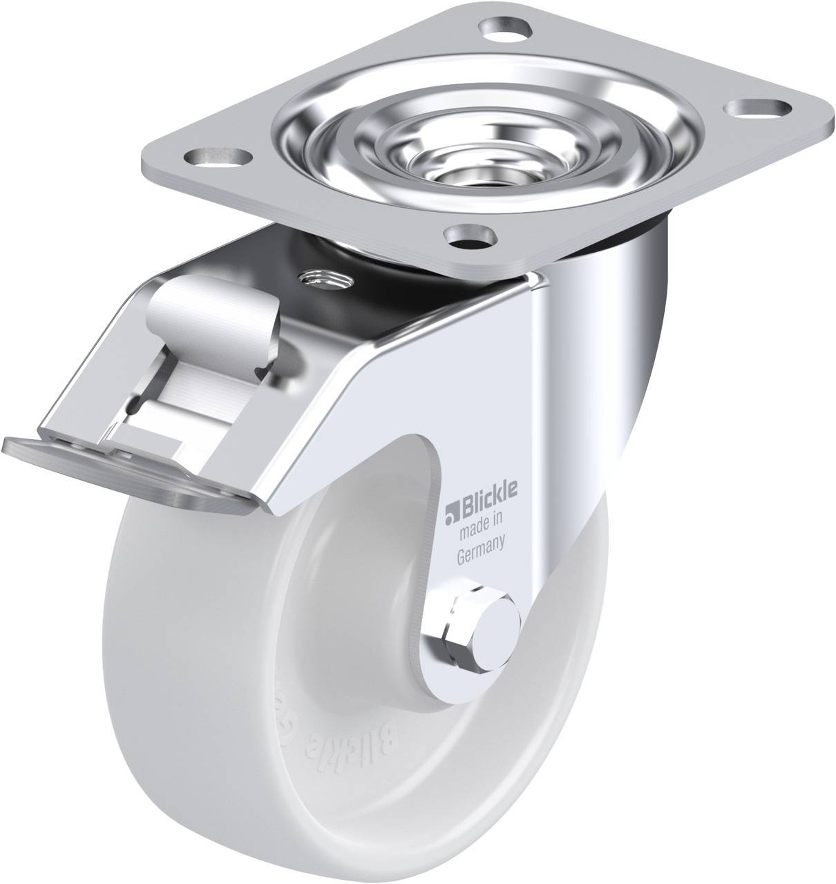 Ein silbernes Lenkrolle mit weißem Rad, geeignet für Schwerlastanwendungen, zeigt eine robuste Konstruktion mit einer oberen Montageplatte.