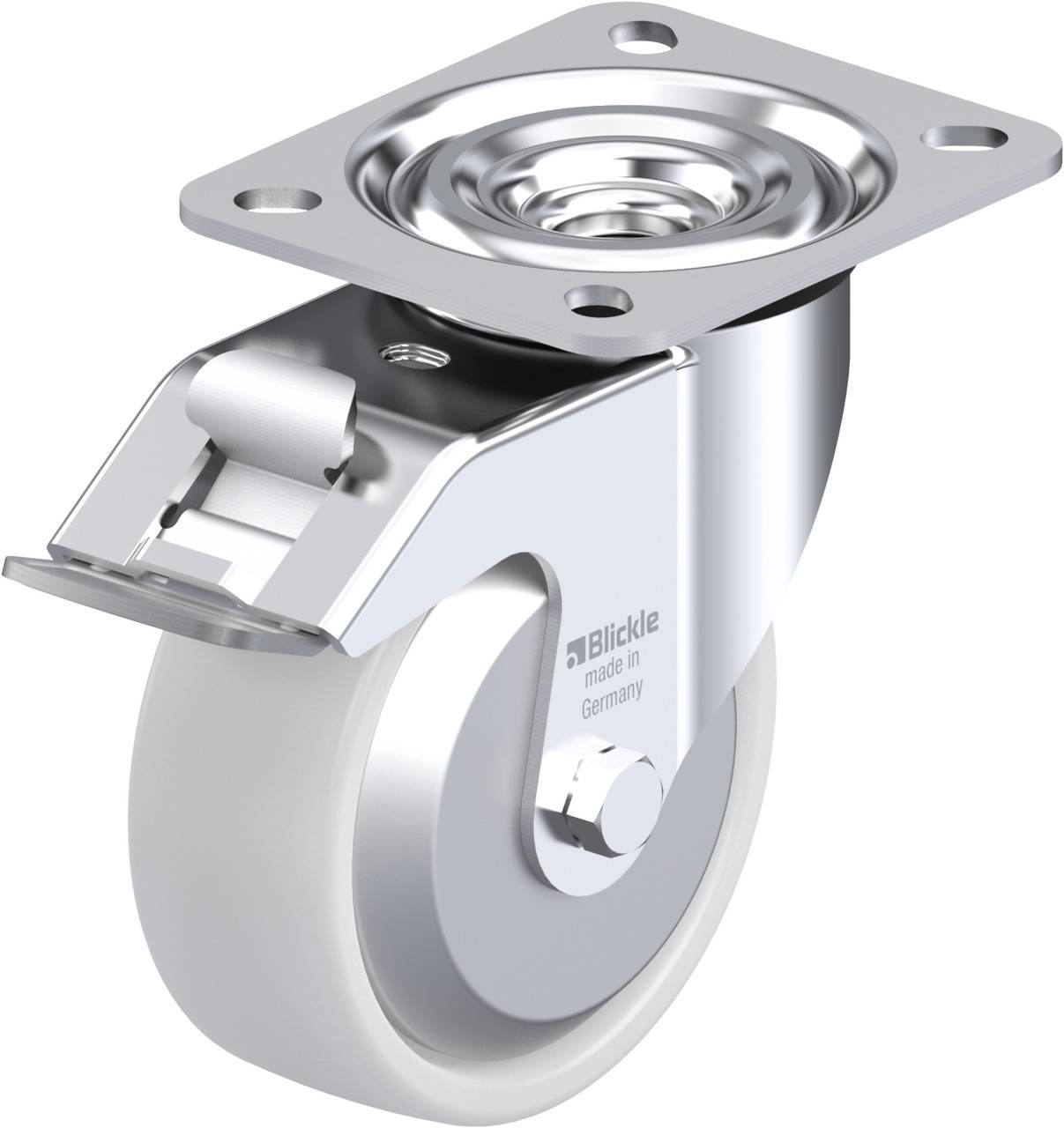 Schwenkrolle aus Metall mit grauem Rad und rechteckiger Befestigungsplatte. Aufschrift 'Blickle made in Germany' sichtbar.