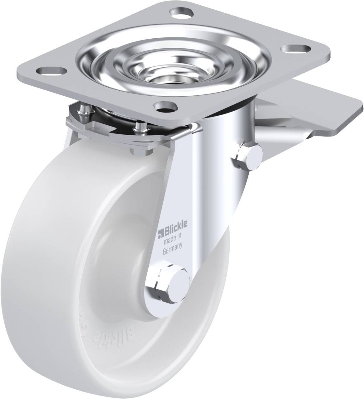 Lenkrolle mit Feststellbremse aus Metall und Kunststoff, Marke Blickle, hergestellt in Deutschland, geeignet für industrielle Anwendungen.