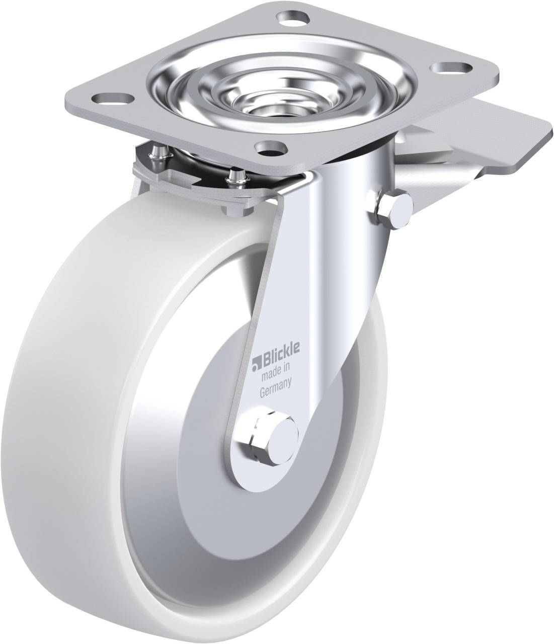 Lenkrolle aus Metall und Kunststoff mit einer Befestigungsplatte. Aufdruck: 'Blickle made in Germany'.