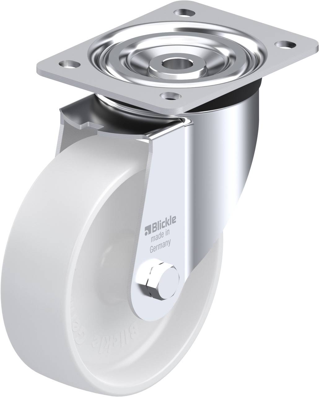 Schwenkrolle aus Edelstahl mit weißem Rad, montierbar über eine rechteckige Metallplatte; Text 'Blickle made in Germany' darauf sichtbar.
