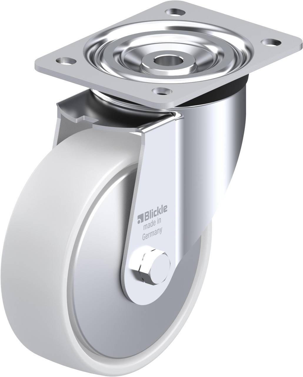 Industrie-Schwenkrolle aus Metall und Gummi, robustes Design, mit Schraubplatte zur Befestigung; ideal für schwere Maschinen.