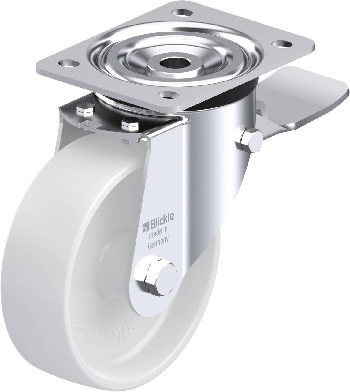 Rolle mit festem Metallgehäuse und weißem Rad, geeignet für Schwerlastanwendungen. Beschriftung auf der Seite: 'Blickle made in Germany'.