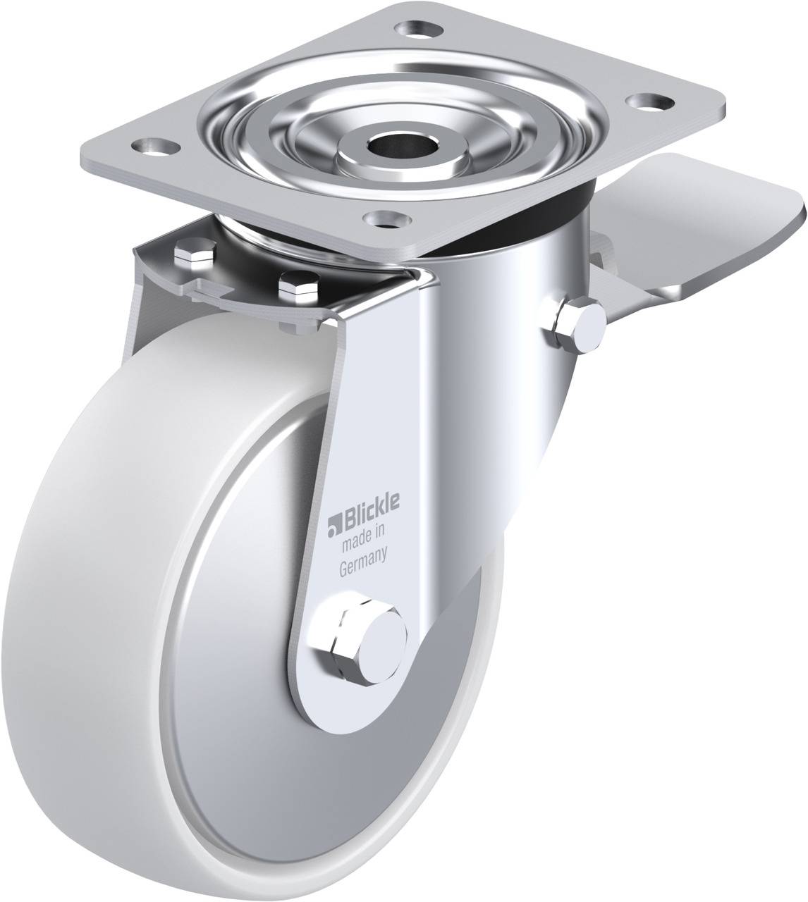Schwenkrolle mit grauem Rad, silbernem Gehäuse und Bremse. Geeignet für Möbel oder Geräte, die bewegt werden müssen.