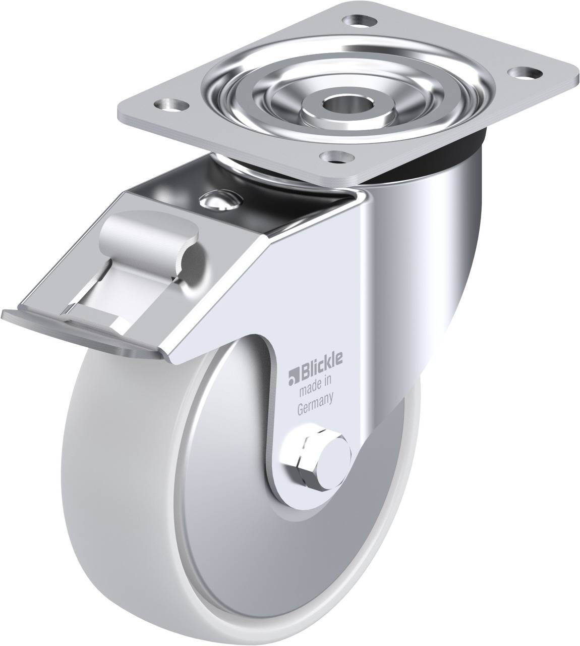 Eine silberne Bockrolle mit grauem Rad und Bremse, erkennbar das Logo 'Blickle, made in Germany'.