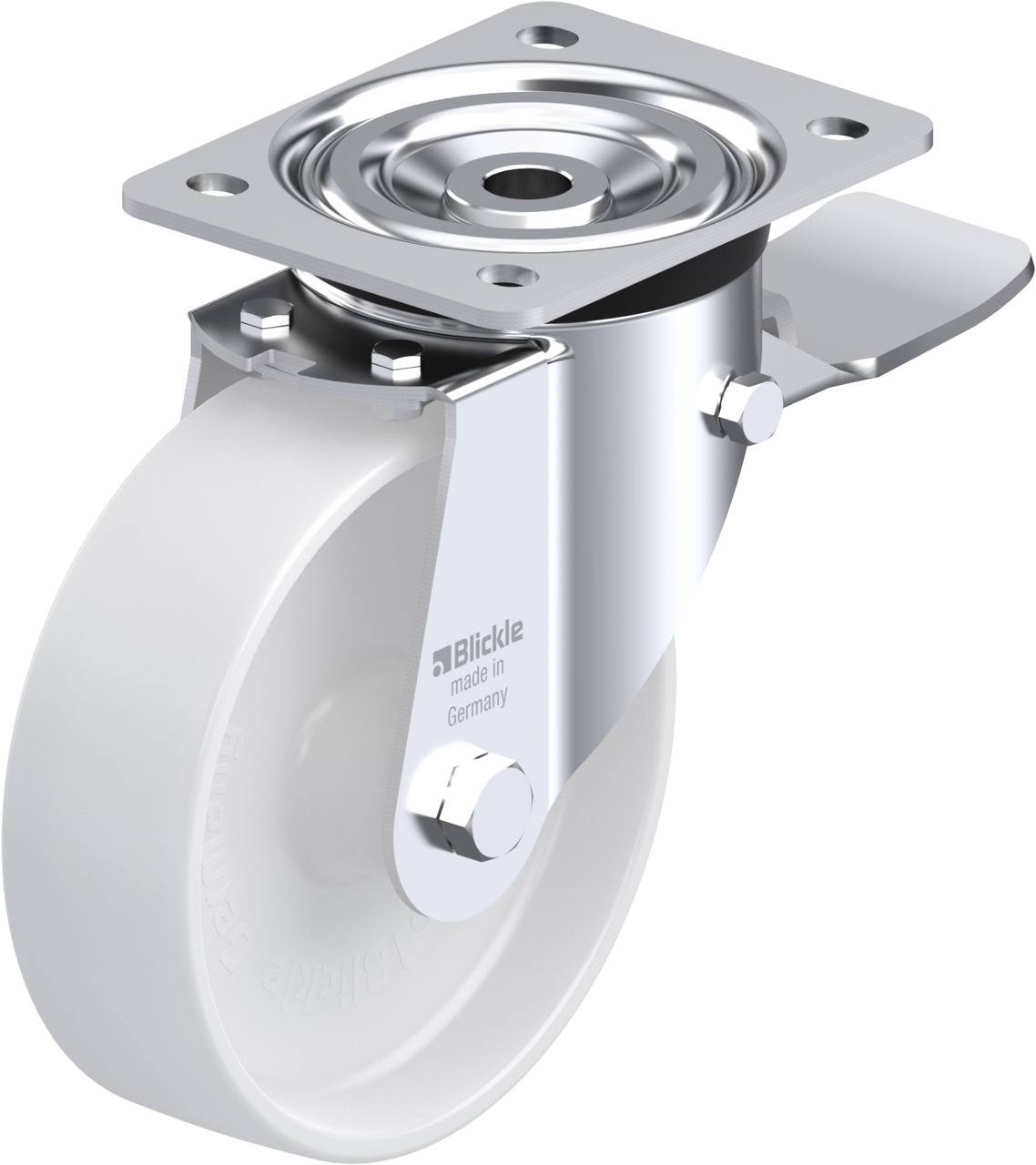 Schwenkrolle mit Metallhalterung und weißem Kunststoffrad, geeignet für Möbel oder Geräte mit einem Gewicht bis zu 100 kg.