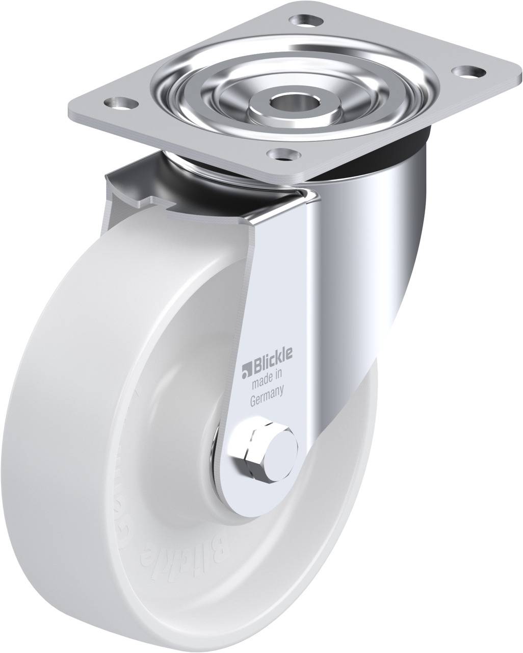 Ein weißes Schwenkrad für Möbel, montiert auf einer silbernen Metallplattform, geeignet für leichte bis mittlere Lasten.