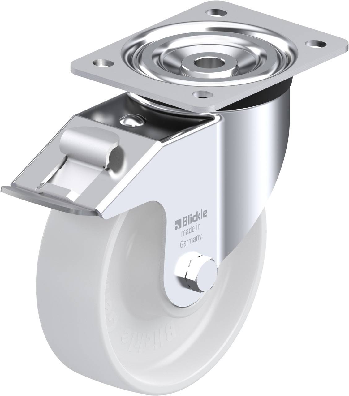 Drehbares Lenkrollenrad mit Metallhalterung und weißem Rad. Auf der Halterung steht 'Blickle made in Germany'.