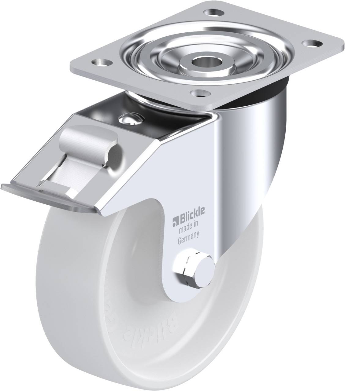 Schwenkrolle aus Metall mit weißem Kunststoffrad, geeignet für Möbel oder Geräte, Marke 'Blickle', hergestellt in Deutschland.