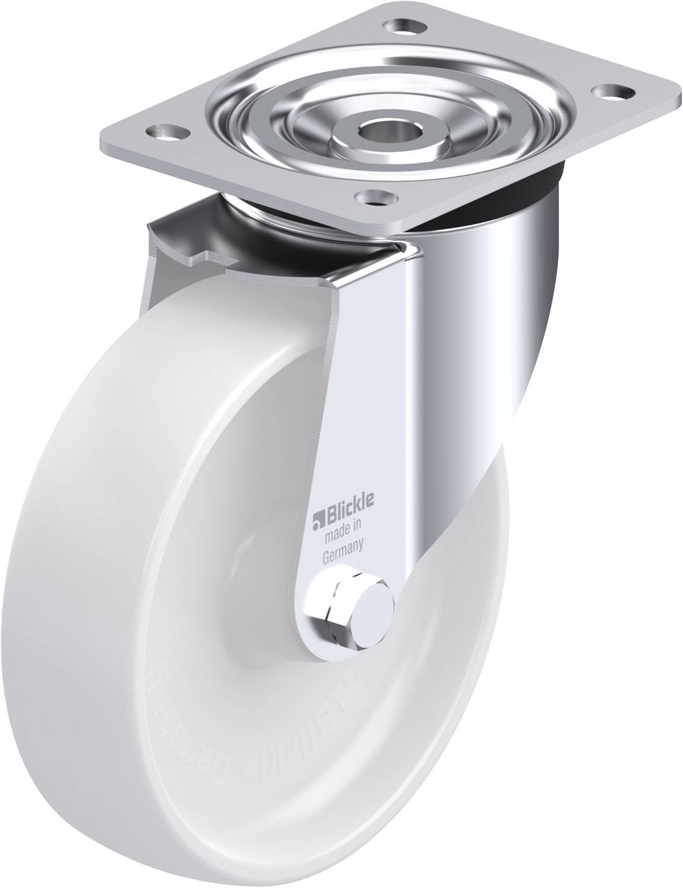 Metallrolle mit weißem Rad, hergestellt von Blickle in Deutschland, geeignet für industrielle Anwendungen.