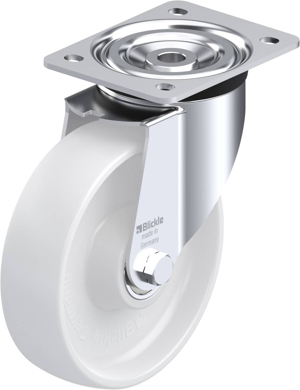 Rollen-Stahlrad mit weißem Kunststoffrad und Metallplatte zur Befestigung. Ideal für Möbel oder Industrieanwendungen.