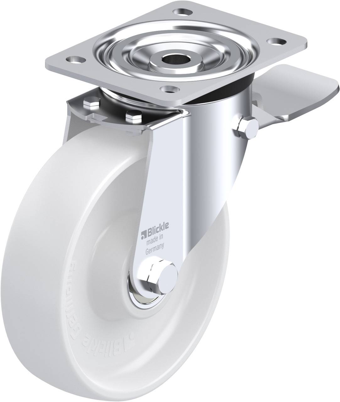 Schwenkrolle aus Metall mit weißem Rad, geeignet für industrielle Anwendungen und schwere Lasten. Erhöhte Stabilität und Beweglichkeit.