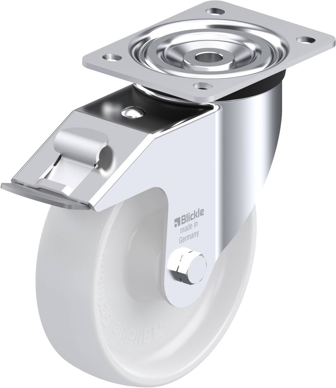 Ein schwenkbares Lenkrolle mit Metallplatte, ideal für bewegliche Möbel oder Geräte. Text auf Rad: 'made in Germany'.