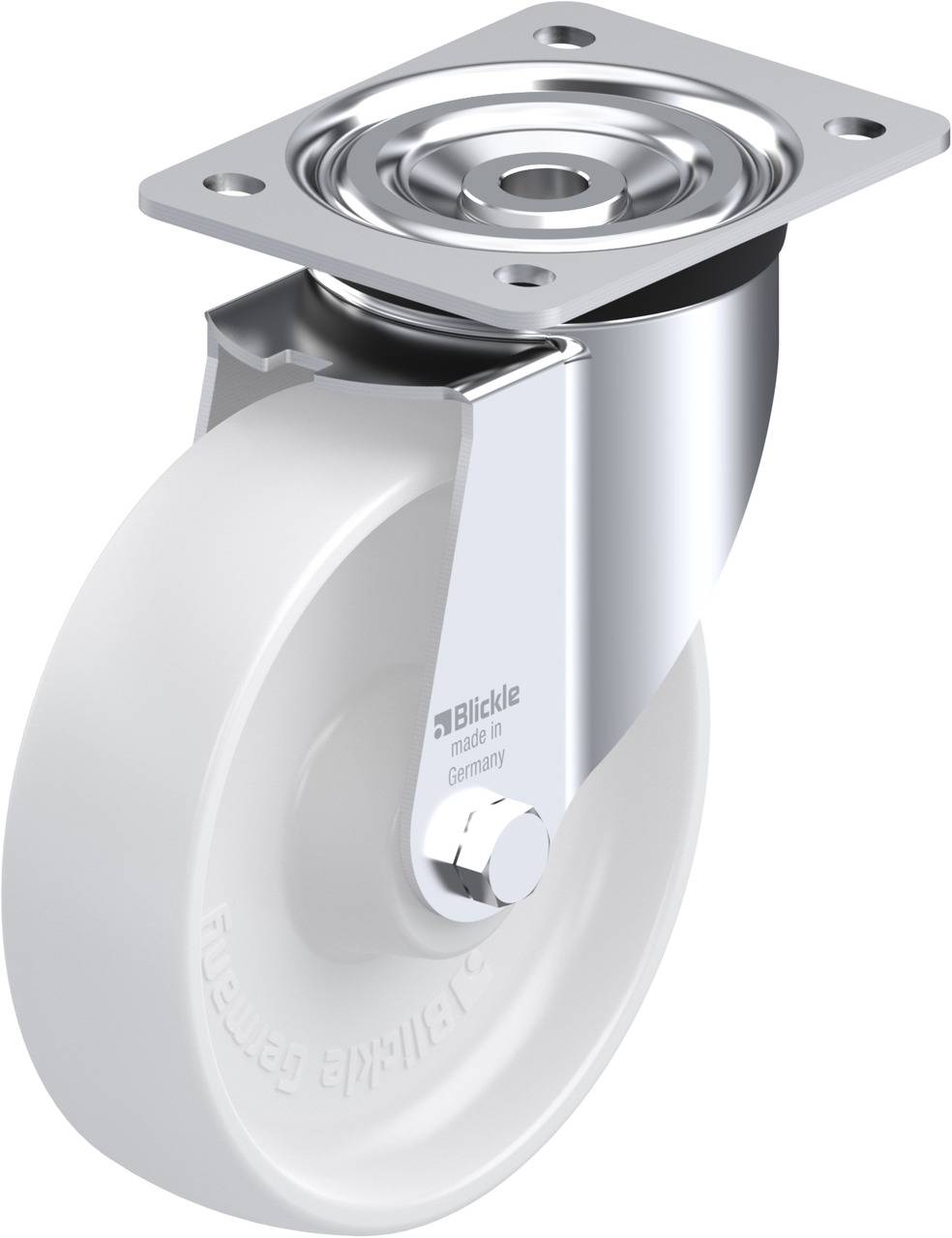 Schwenkrolle mit weißem Rad und Metallbefestigung.