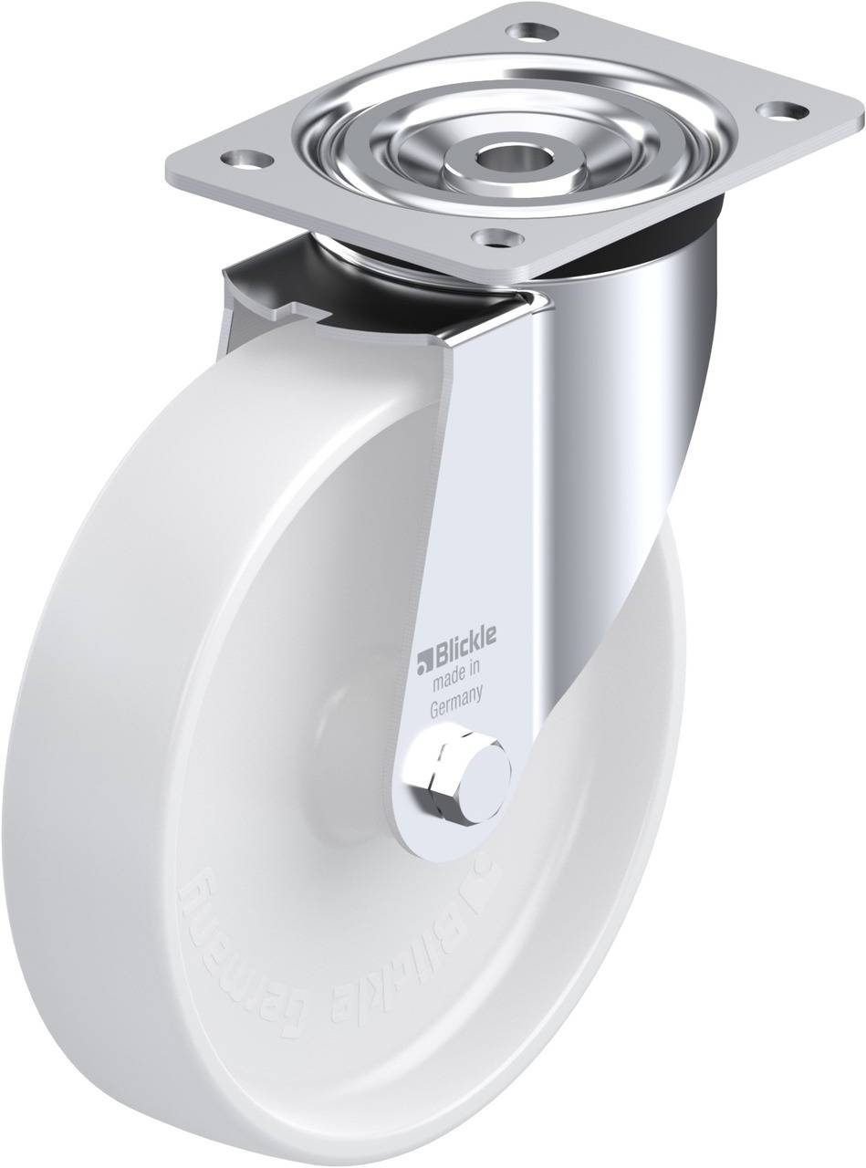 Ein weißes, drehbares Lenkrollenrad aus Metall und Kunststoff, geeignet für Beweglichkeit und Transport von Gegenständen.
