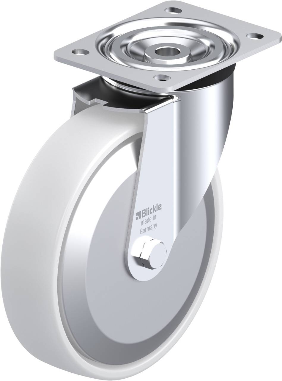 Industrie-Rollenrad aus Metall und Kunststoff, montierbar mit rechteckiger Befestigungsplatte.