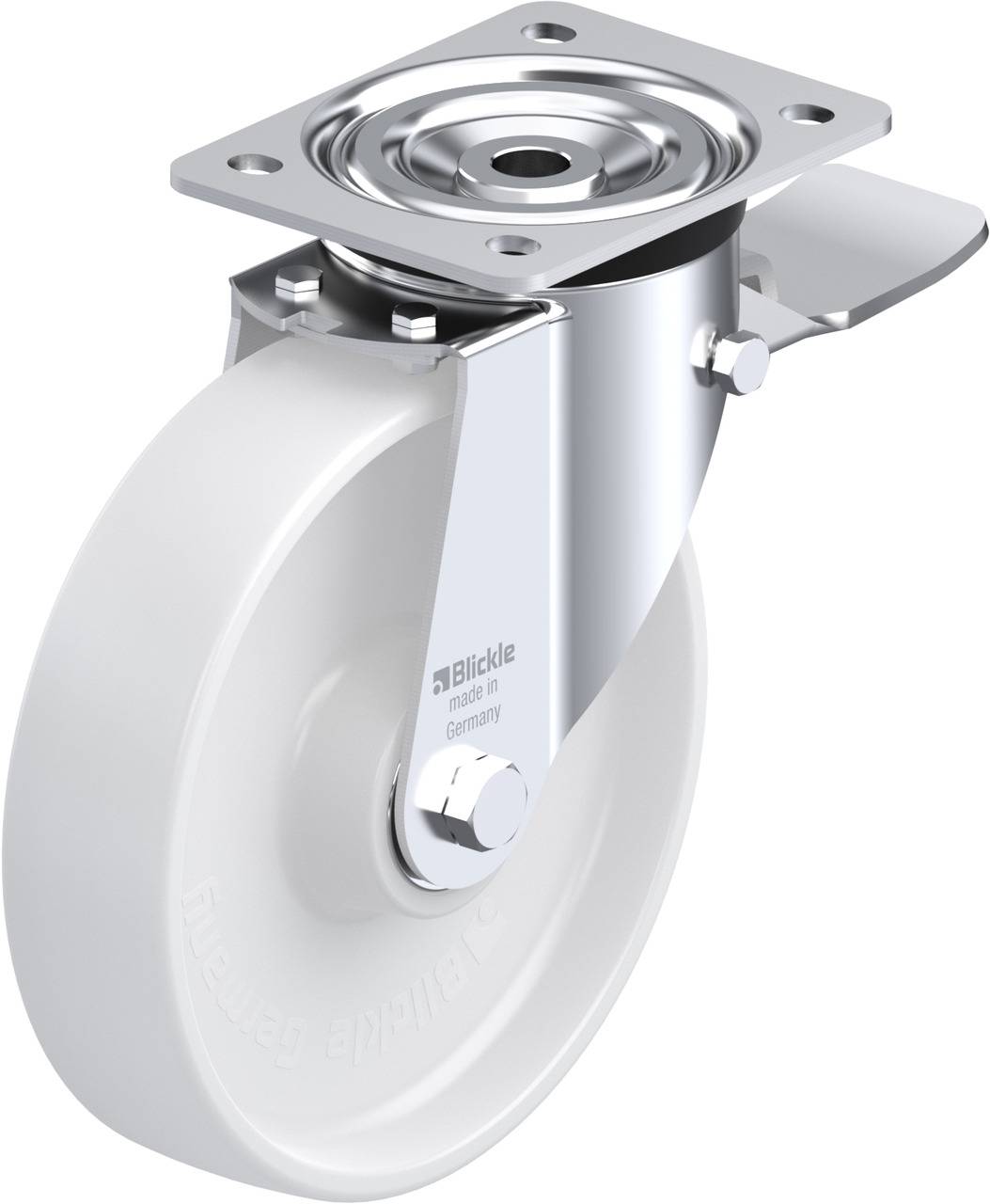 Ein weißes Rad mit silberner Metallhalterung, oft genutzt für Möbel oder Transportwagen. Markenname 'Blickle' erkennbar auf dem Rad.
