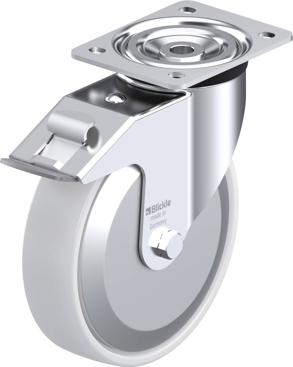 Ein silbernes und weißes Schwerlast-Lenkrolle mit Befestigungsplatte, geeignet für industrielle Anwendungen.