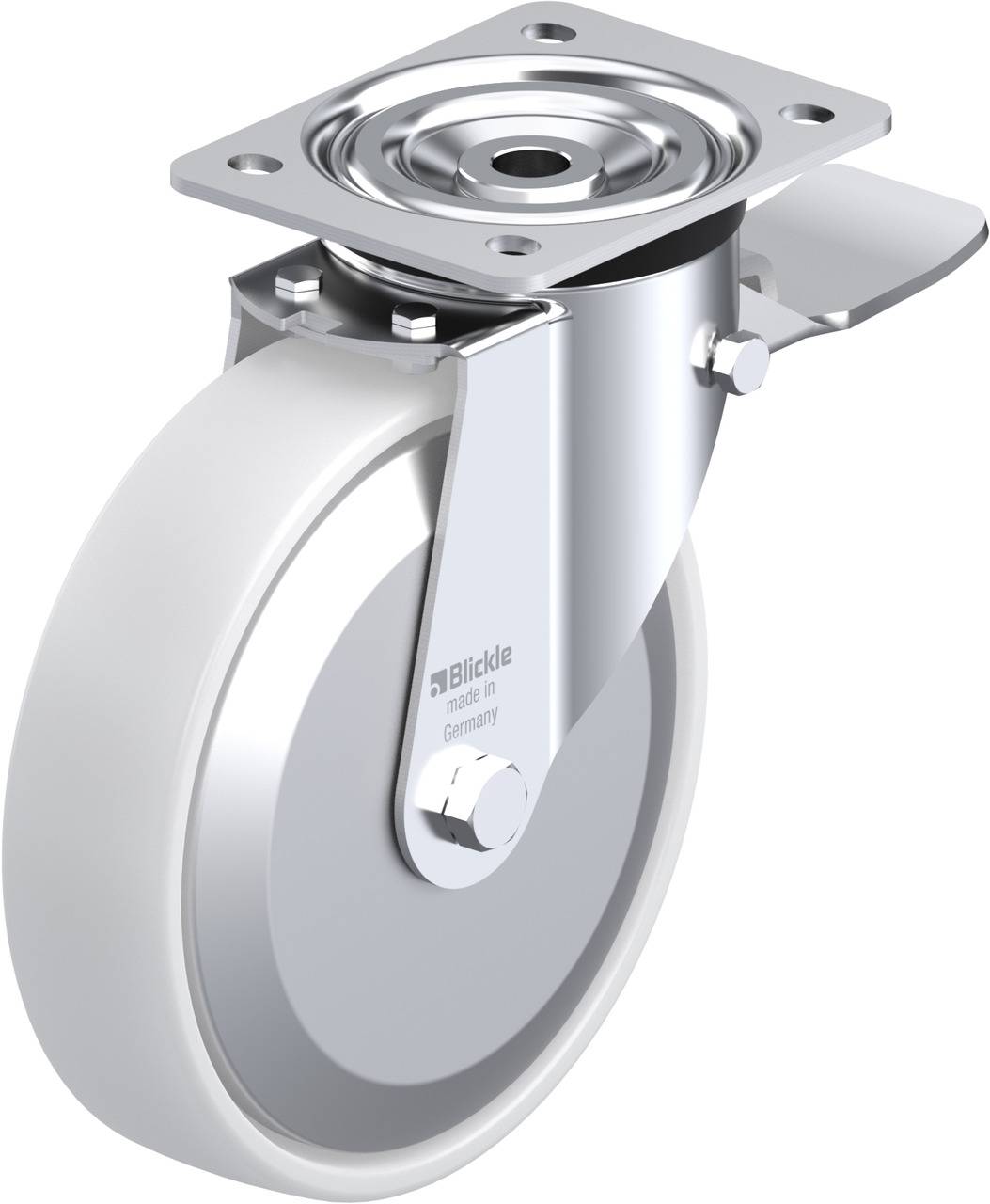 Industrie-Lenkrolle mit grauer Gummilauffläche und Metallhalterung, geeignet für Maschinen und Möbel. Drehbar, mit Befestigungsplatte.