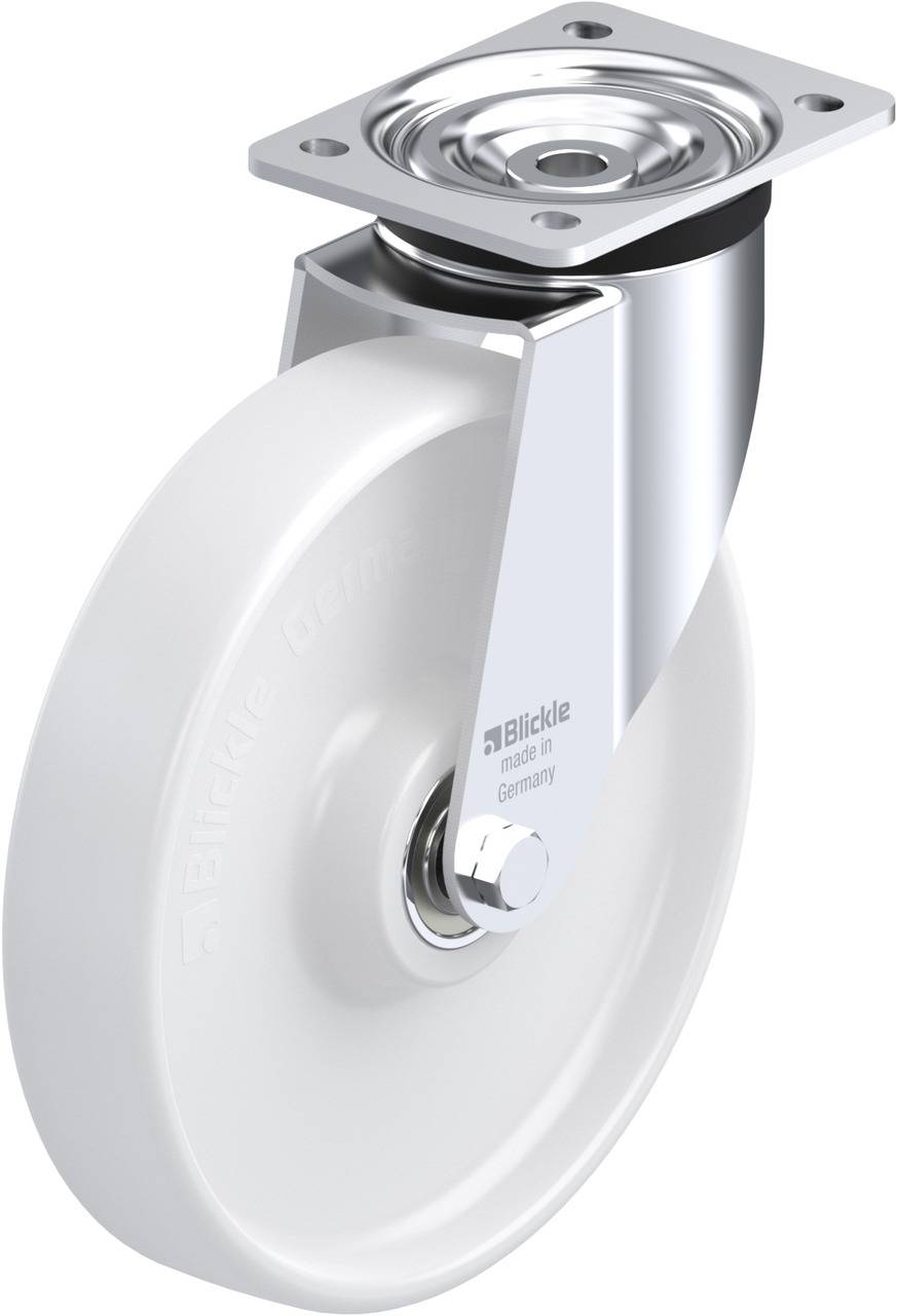 'Drehbares weißes Rad mit Metallbefestigung für Möbel oder Geräte. Markierung zeigt 