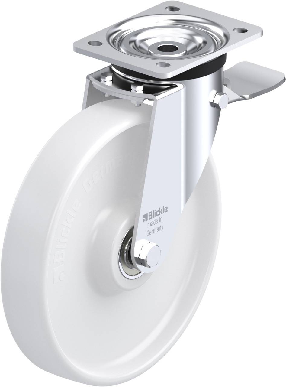 Schwenkrolle mit weißem Rad und Metallbefestigung. Geeignet für Möbel oder Geräte, gewährleistet Mobilität und Stabilität.