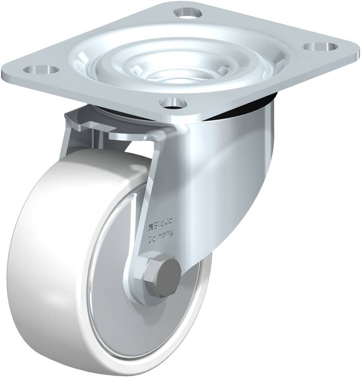 Metallisches Lenkrolle mit weißem Rad, geeignet für Möbel oder Industrieanwendungen. Robust und aus Edelstahl gefertigt.