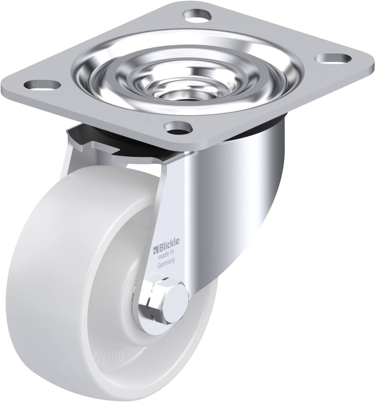 Metallisches Lenkrolle mit weißem Rad und Befestigungsplatte; geeignet für Möbel oder Transportgeräte.