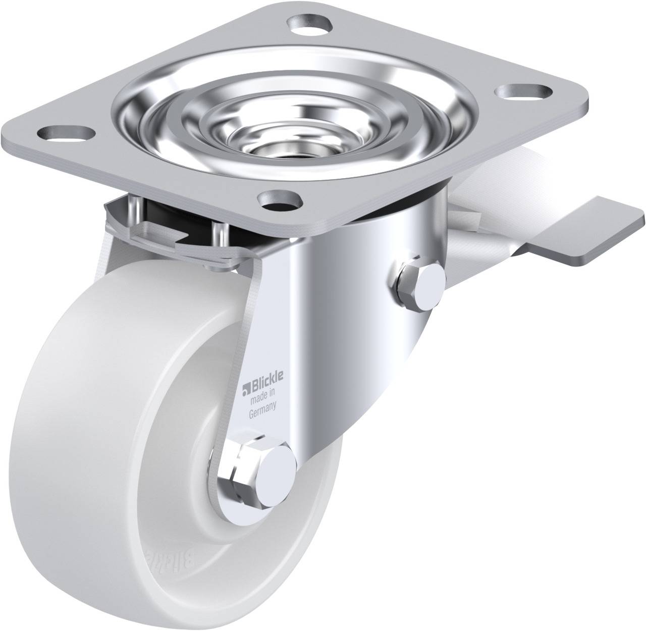 Industrie-Lenkrolle aus Metall mit weißem Rad und einer Befestigungsplatte oben. Ideal für den Einsatz an Möbeln oder Maschinen.