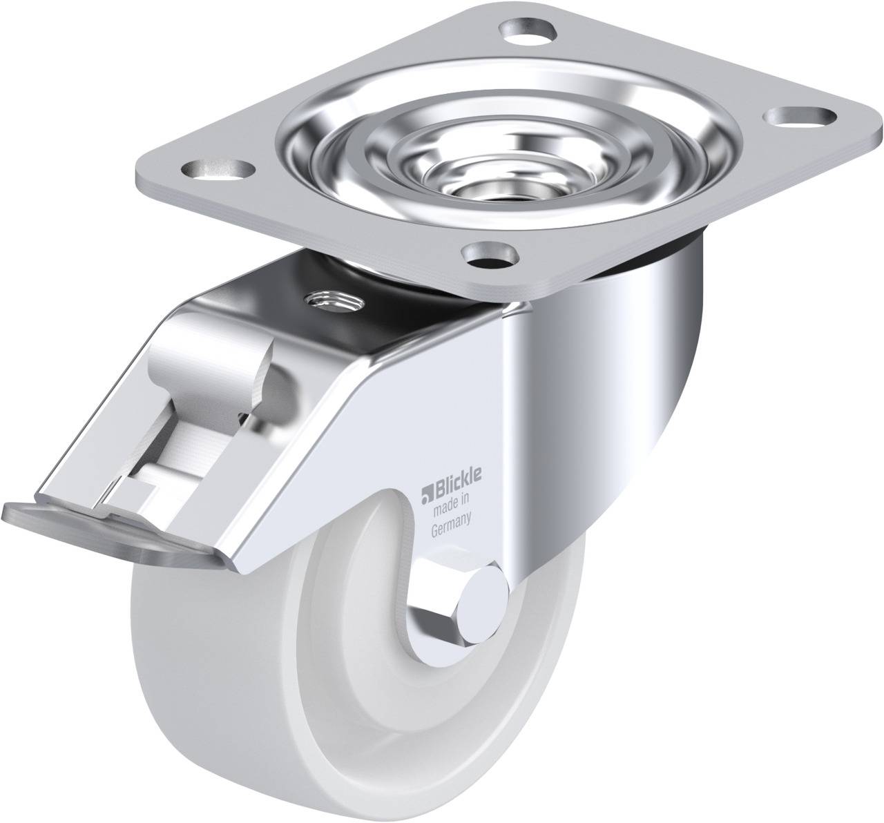 Metallisches Lenkrollen-Rad mit Halterung, geeignet für Möbel oder industrielle Anwendungen. Glänzende Oberfläche mit robustem Design.