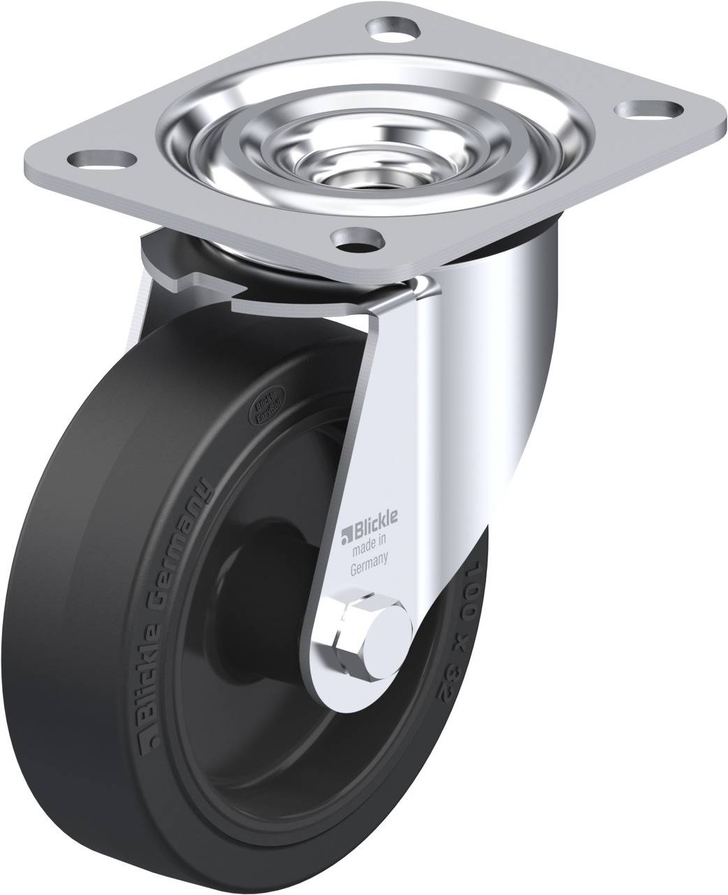 Rolle mit Befestigungsplatte, stabil gebaut mit metallischem Finish und schwarzem Rad, geeignet für Industrieanwendungen.